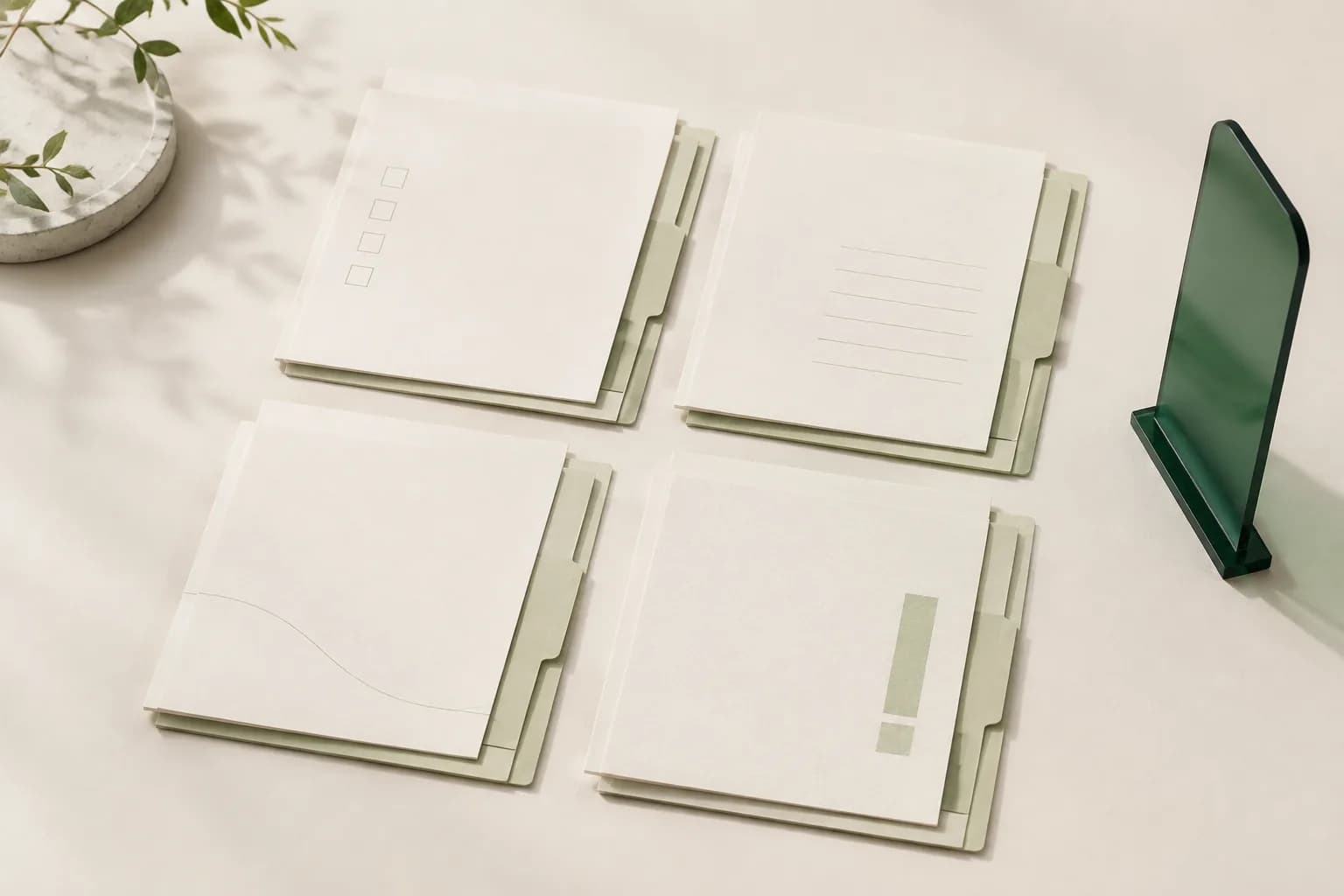 Editorial illustration of an agency proposal, campaign brief, report, and content plan arranged as one coordinated set