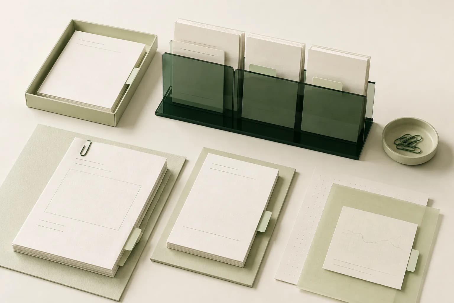 An illustrated agency workflow kit with layered paper templates and green document dividers.