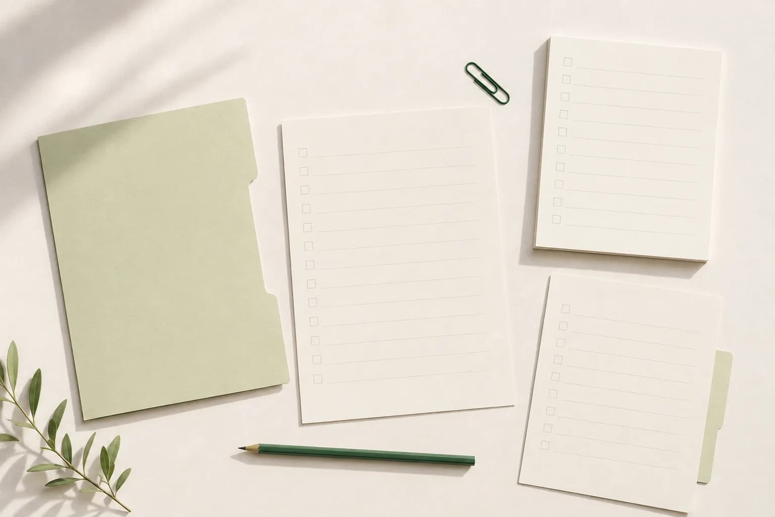 An illustrated planning desk with a blank client brief, checklist sheets, and green stationery.
